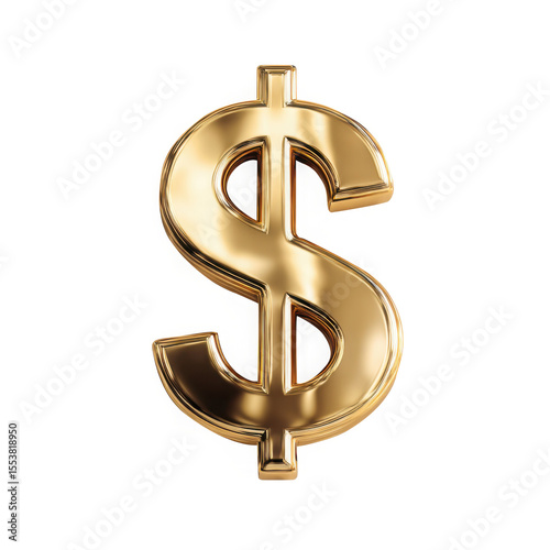 A shiny gold dollar sign is isolated on transparent background