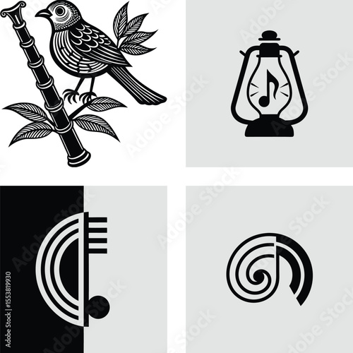Elegant Monochrome Illustrations Bird, Lantern, Rainbow, and Spiral Designs