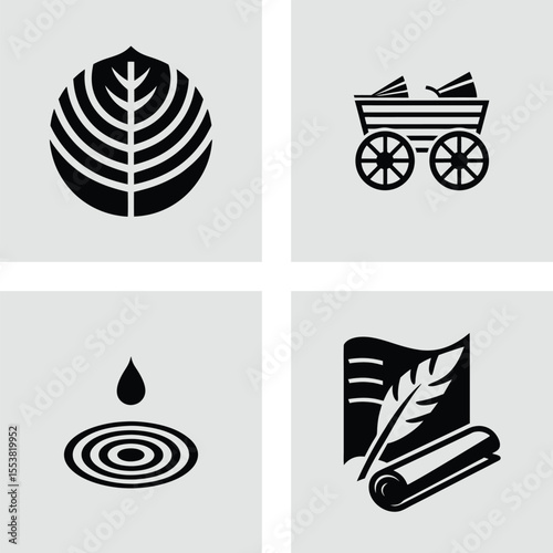 Elegant Nature Inspired Icons Leaf, Cart, Water Drop, Quill & Scroll