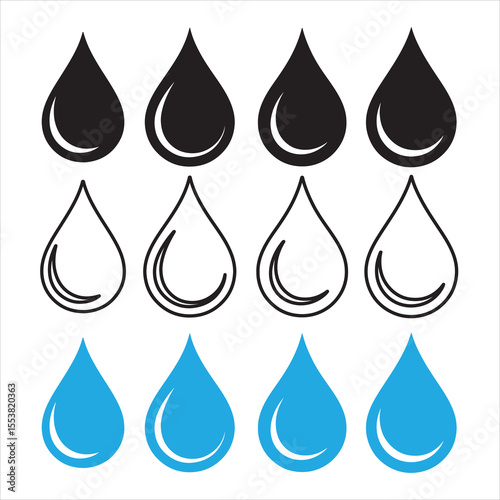 Collection of water drop icons isolated on white background