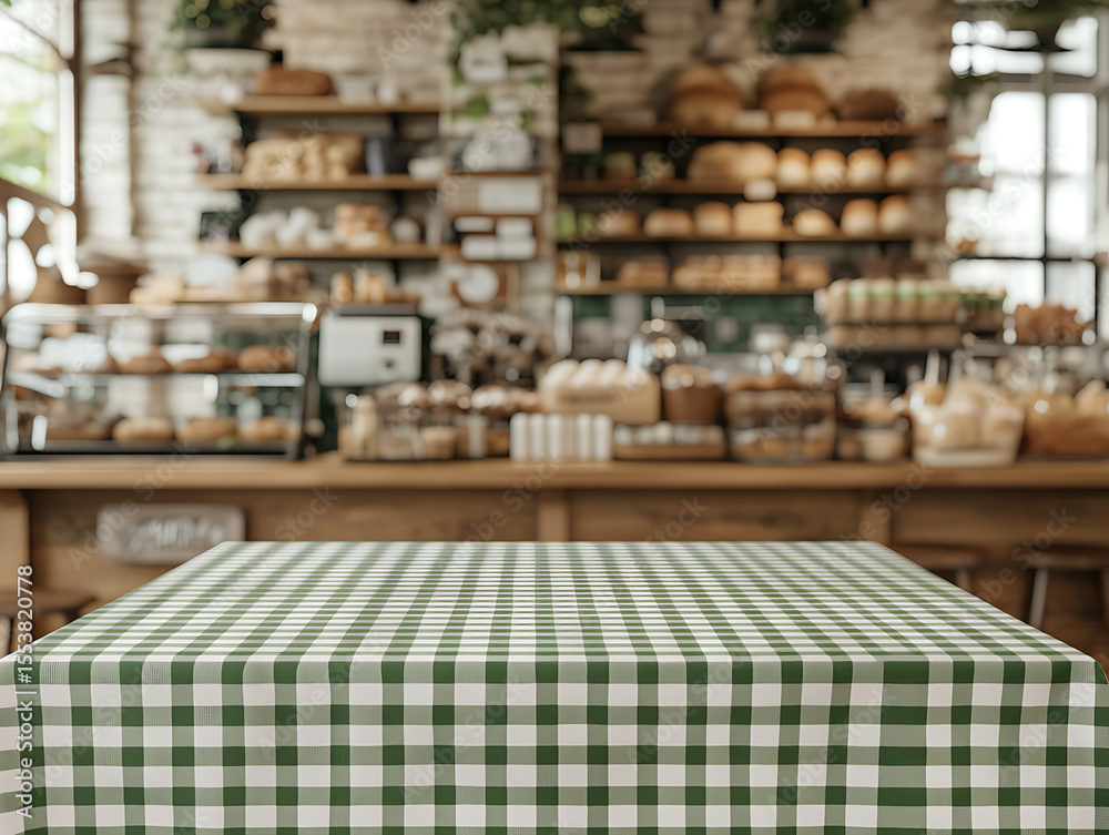 Fototapeta premium Cozy cafe table with green and white checkered tablecloth in front of a rustic bakery display. Perfect for a relaxed breakfast or lunch.