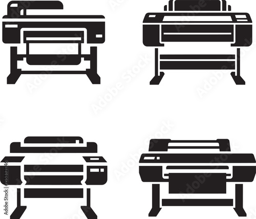 Set of four black and white icons representing different large format printers