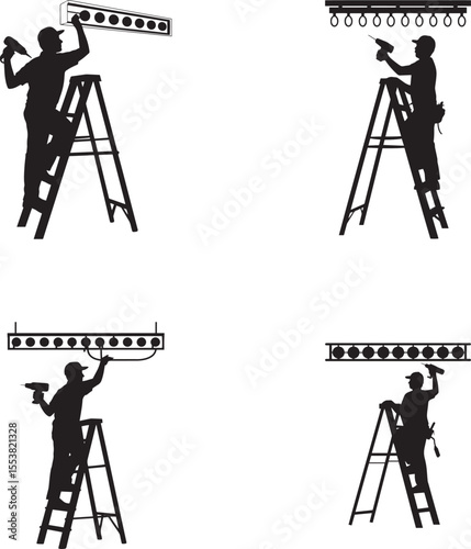 Silhouette of a worker installing lights on a ladder with a drill