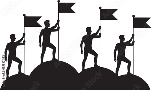 Silhouettes of four triumphant figures planting flags on hilltops representing success