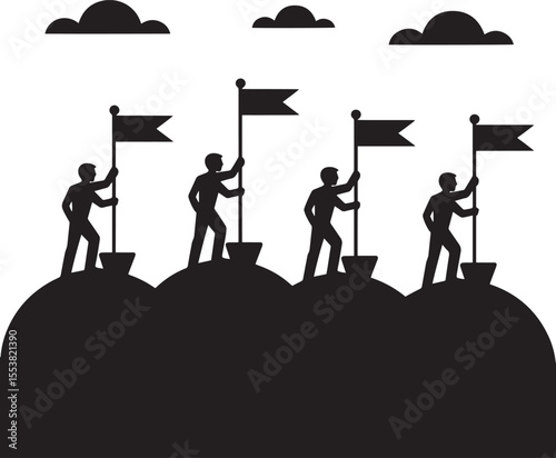 Four silhouetted figures stand on hilltops planting flags under clouds