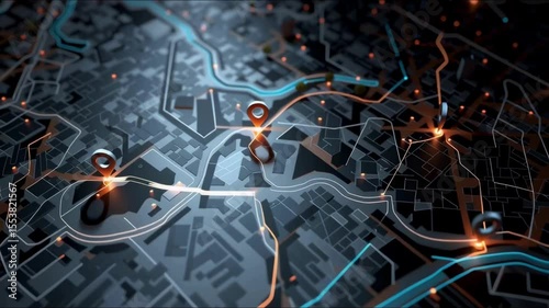 Abstract digital map with location pins and glowing lines indicating path