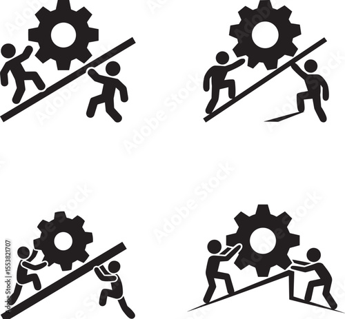 Teamwork and collaboration pushing a gear up a steep incline