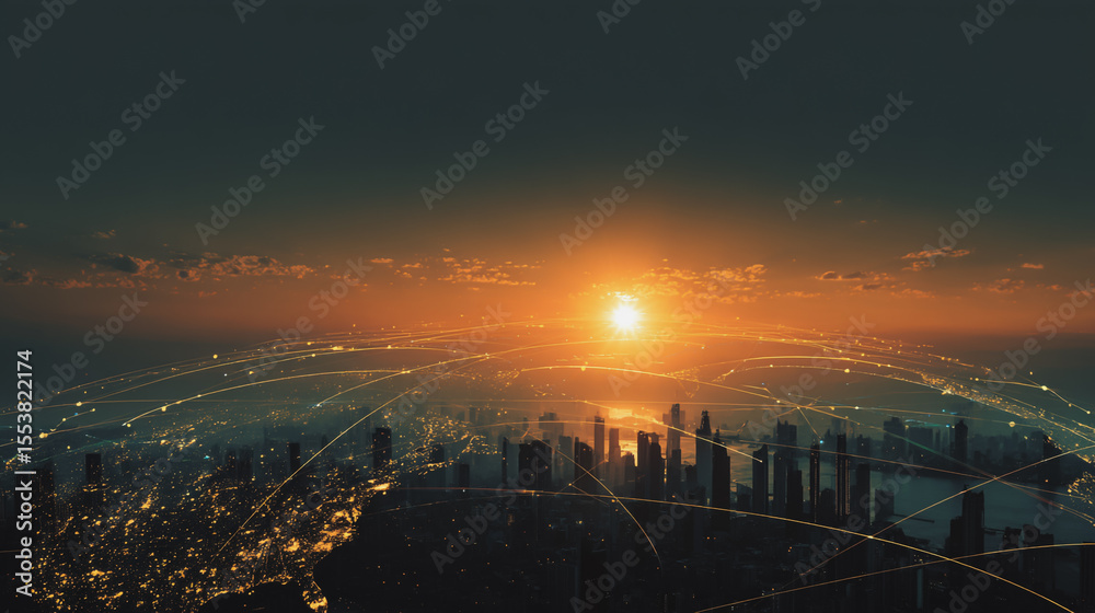 Fototapeta premium Smart city with connection network reciprocity over the cityscape social media networking systems that connects on the peak of success amid tall, innovative Smart city and graphs with statistics to a
