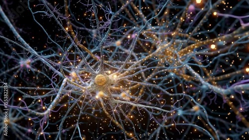 Close up view of neuron cells with illuminated points in dark background