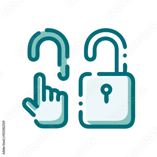 A modern illustration of an unlocked padlock and a pointing hand symbolizing security and access