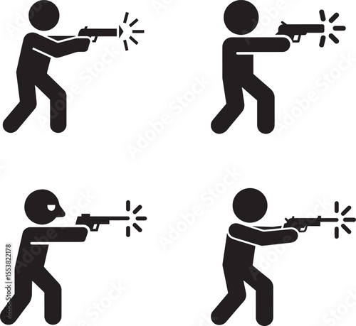 Four stick figures firing handguns with muzzle flash in different poses