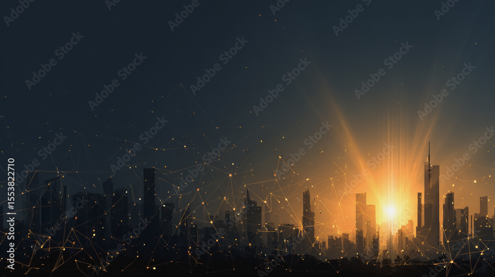 Fototapeta premium Smart city with connection network reciprocity over the cityscape social media networking systems that connects on the peak of success amid tall, innovative Smart city and graphs with statistics to a