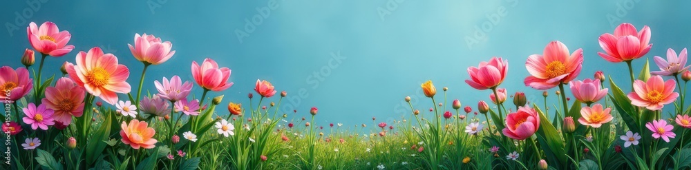 Fototapeta premium Blooming flowers in a serene garden on a solid blue ground, serene, nature