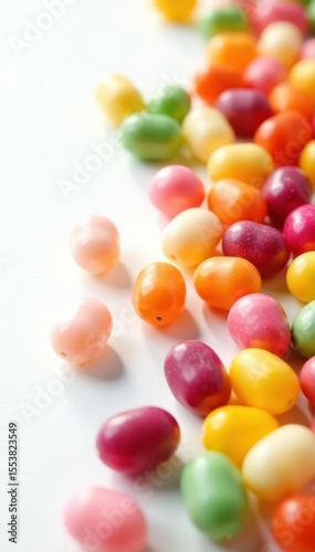 Vibrant jellybeans scattered on pristine white , colorful, delicious, pastel