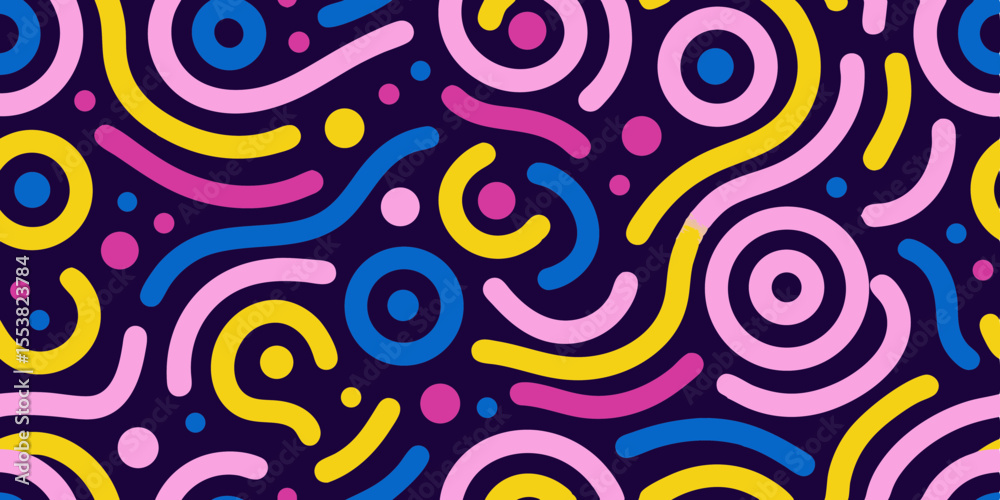 Memphis geometric seamless pattern. Multicolor abstract background in retro 80s, 90s style with various shapes: circles, semicircles, dots, zigzags, spirals, wavy lines. Cute kid doodle design.wallpap Memphis geometric seamless pattern. Multicolor abstract background in retro 80s, 90s style with various shapes: circles, semicircles, dots, zigzags, spirals, wavy lines. Cute kid doodle design.wallpap
