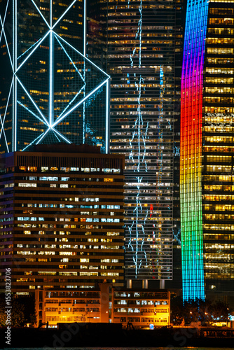 Close up on the buildings on Hong Kong Island at night