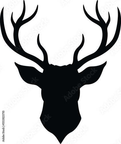 Roaring deer head with raised antlers facing forward in wild animal style silhouette vector