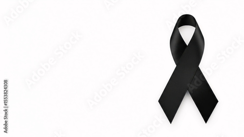 A black mourning ribbon symbol of sorrow on a white background. Condolence and funeral event concept. Remind poster.