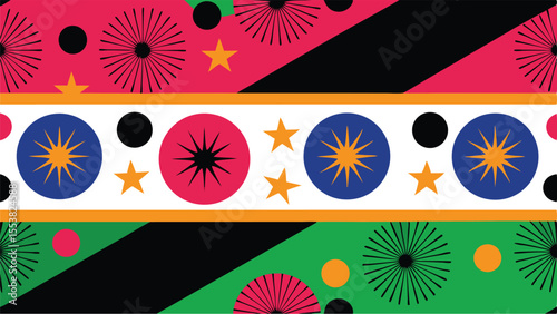 Vibrant geometric pattern with stars and circles in bold colors