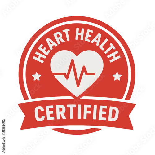 A heart health certified emblem with a heart-shaped symbol and a line graph. Modern flat vector sticker label with icon and badge style, transparent background