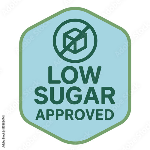 This image shows a 'Low Sugar Approved' badge, perfect for health-conscious consumers. Modern flat vector sticker label with icon and badge style, transparent background