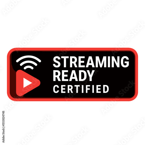 Streaming ready badge with play button and wifi symbo. Modern flat vector sticker label with icon and badge style, transparent background