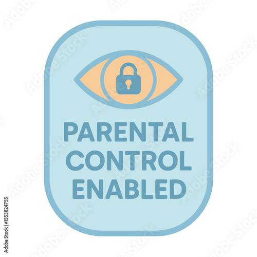 Parental control enabled icon featuring a lock inside an eye, ensuring online safety. Modern flat vector sticker label with icon and badge style, transparent background