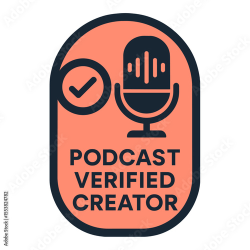 This podcast verified creator badge proudly displays a microphone and a checkmark. Modern flat vector sticker label with icon and badge style, transparent background