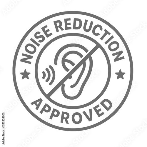 A noise reduction approved icon, representing soundproofing and noise cancellation. Modern flat vector sticker label with icon and badge style, transparent background