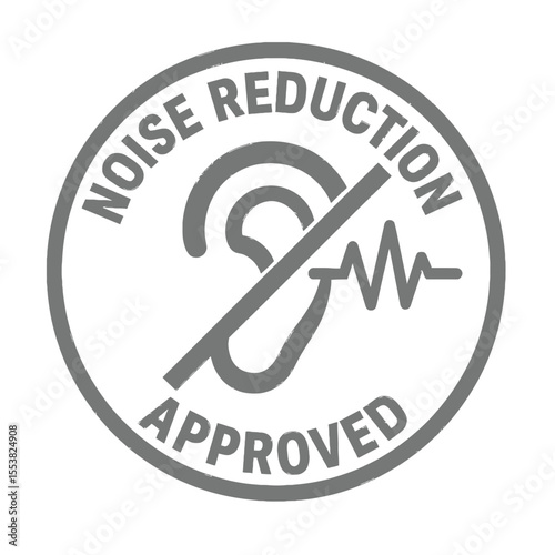 Noise reduction approved badge with an ear crossed out and sound wave icon. Modern flat vector sticker label with icon and badge style, transparent background