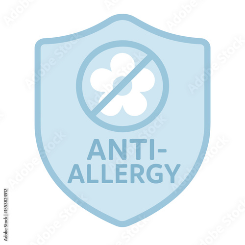 The anti-allergy symbol features a shield with a flower crossed out, representing protection. Modern flat vector sticker label with icon and badge style, transparent background