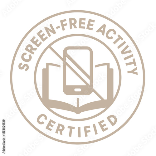 A screen-free activity certified seal featuring a book and a smartphone. Modern flat vector sticker label with icon and badge style, transparent background