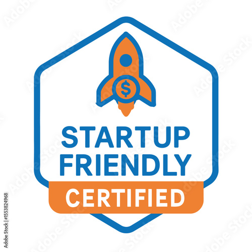 A "startup friendly certified" badge with a rocket ship, ideal for business. Modern flat vector sticker label with icon and badge style, transparent background