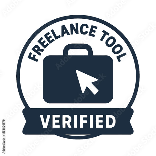 A verified freelance tool badge featuring a briefcase and a cursor. Modern flat vector sticker label with icon and badge style, transparent background