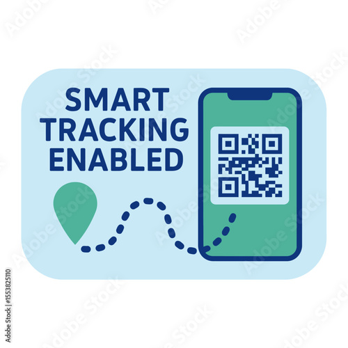Smart tracking enabled illustration featuring a smartphone and QR code for easy location tracking. Modern flat vector sticker label with icon and badge style, transparent background