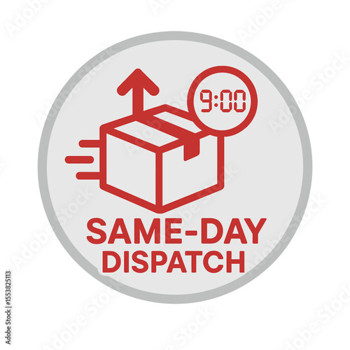 Same-day dispatch icon featuring a package, clock and upward arrow. Modern flat vector sticker label with icon and badge style, transparent background