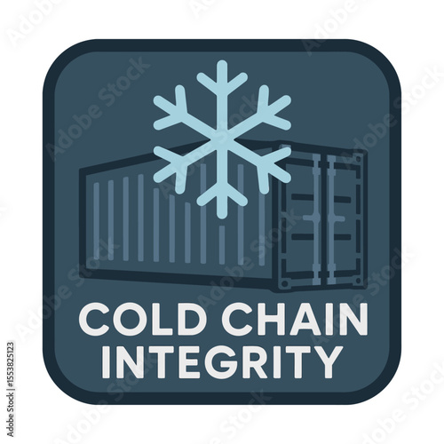 An icon highlights cold chain integrity, showcasing a refrigerated shipping container and snowflake. Modern flat vector sticker label with icon and badge style, transparent background
