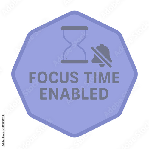 Focus time enabled graphic, featuring an hourglass and a muted bell icon on a purple shape, signifying productivity and focus. Vector sticker label with icon and badge style, transparent background