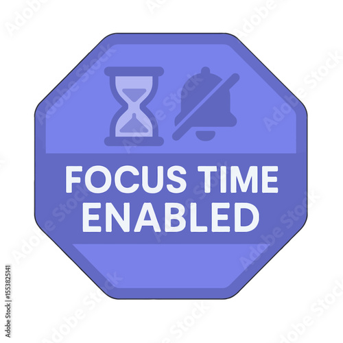 Focus time enabled badge with hourglass and muted bell icon, ideal for productivity and concentration. Modern flat vector sticker label with icon and badge style, transparent background