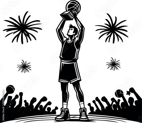 Basketball player celebrating with trophy