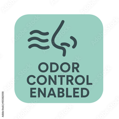 The image is an odor control icon featuring a nose with scent waves, indicating smell management and air quality. Modern flat vector sticker label with icon and badge style, transparent background