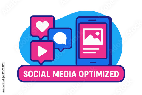 Colorful graphic about social media optimization with app icons and phone. Modern flat vector sticker label with icon and badge style, transparent background