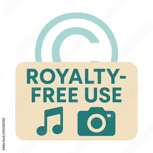Royalty-free use graphic with music note, camera, and copyright symbol. Modern flat vector sticker label with icon and badge style, transparent background