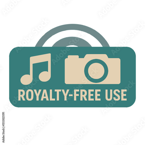 This image features a royalty-free badge with music and camera icons. Modern flat vector sticker label with icon and badge style, transparent background