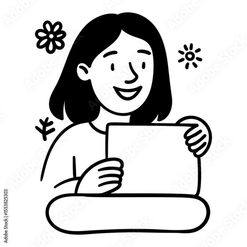 Doodle woman holding blank card with flowers hand drawn style for testimonial and review templates