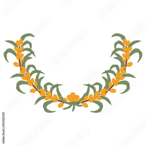 Botanical Sea Buckthorn Garland with Orange Berries and Green Leaves in a Hand-Drawn Natural Design