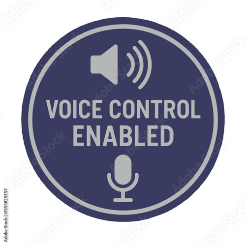 This blue badge signifies voice control functionality, complete with a speaker and a microphone icon. Modern flat vector sticker label with icon and badge style, transparent background