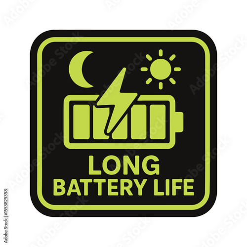 This design showcases long battery life with day and night icons, perfect for tech visuals. Modern flat vector sticker label with icon and badge style, transparent background