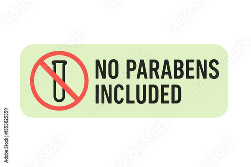 This label highlights that the product contains no parabens, a common ingredient in cosmetics. Modern flat vector sticker label with icon and badge style, transparent background