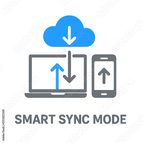 Conceptual illustration showing the smart sync mode with cloud and devices. Modern flat vector sticker label with icon and badge style, transparent background